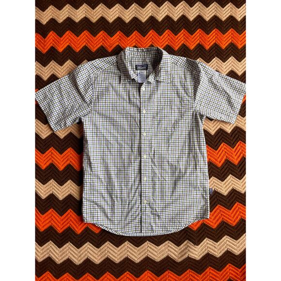 Patagonia Button Down Short Sleeve Shirt Sz SM Blue & Brown Plaid Organic Cotton - Picture 1 of 8